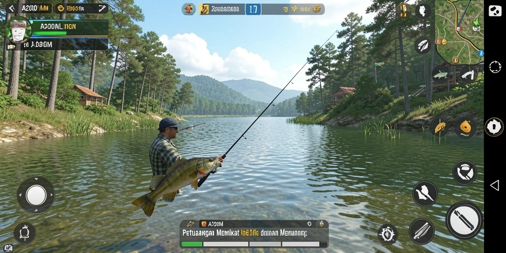 Screeenshot A200M menampilkan gameplay asyik memancing ikan.