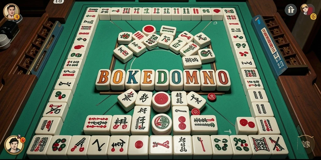 Screenshot menampilkan gameplay seru BOKEDOMINO saat menyelesaikan tantangan Mahjong.