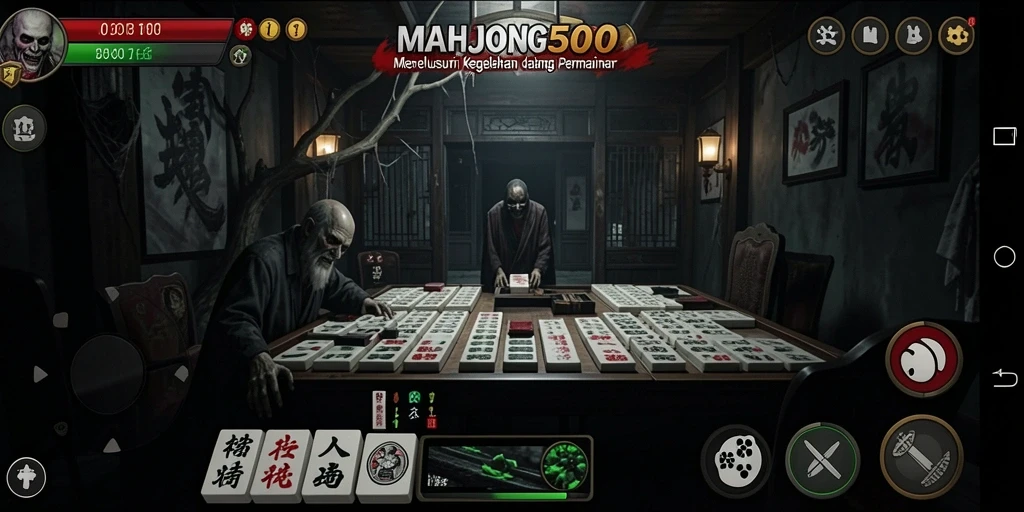 Screenshot gameplay MAHJONG500 yang menampilkan suasana menyeramkan dan menegangkan.