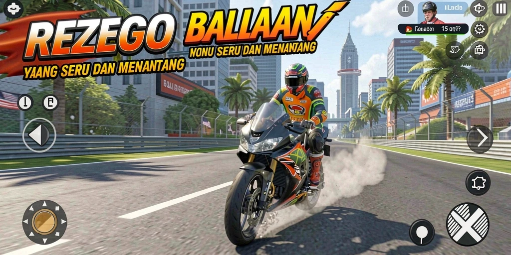 Screenshot gameplay REZEGO yang menampilkan aksi balapan motor yang mendebarkan.