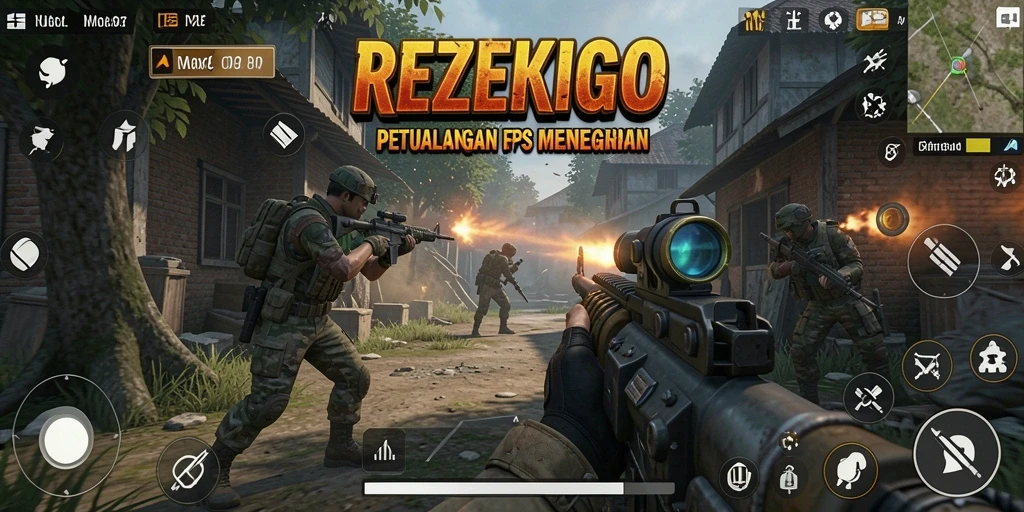 Tampilan aksi mendebarkan dari REZEKIGO dalam gameplay FPS.